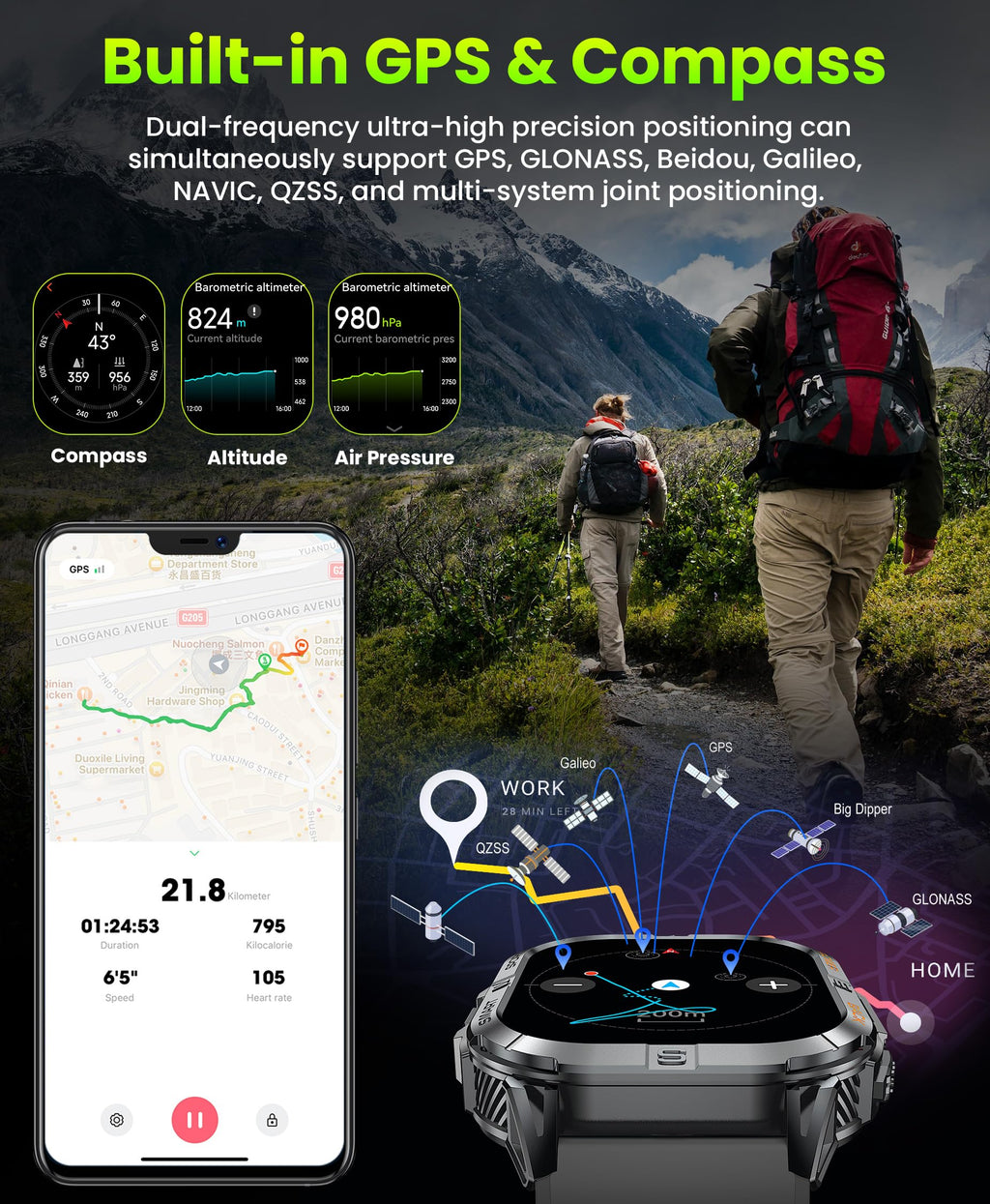 Black GPS Compass AMOLED Smart Watch T559472