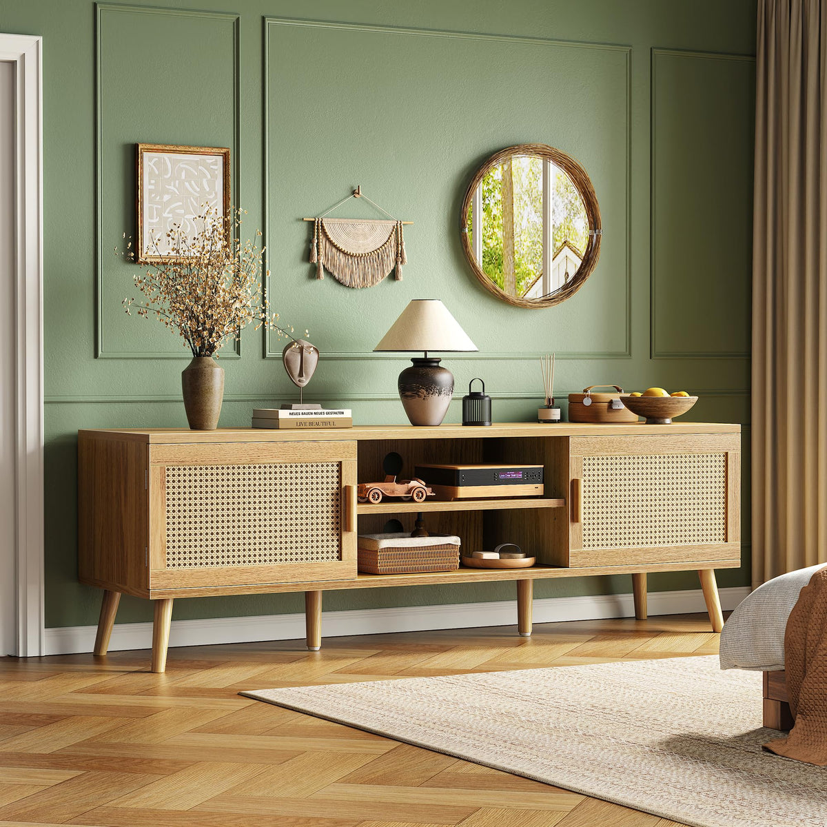 65 Inch Rattan TV Stand with Adjustable Shelf and 2 Cabinets P769